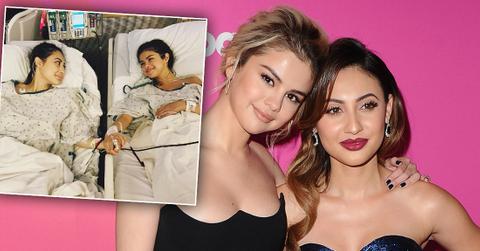 Selena Gomez and Francia Raisa Posing Smiling on Red Carpet With Inset of Them Holding Hands While In Hospital Beds After Surgery Wearing Hospital Gowns