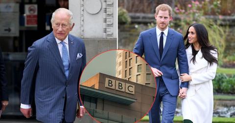 Split photo of King Charles, Prince Harry and Meghan Markle