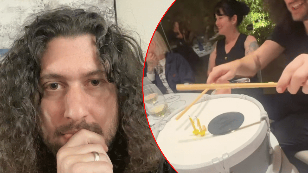 Drummer Ilan Rubin and drum cake