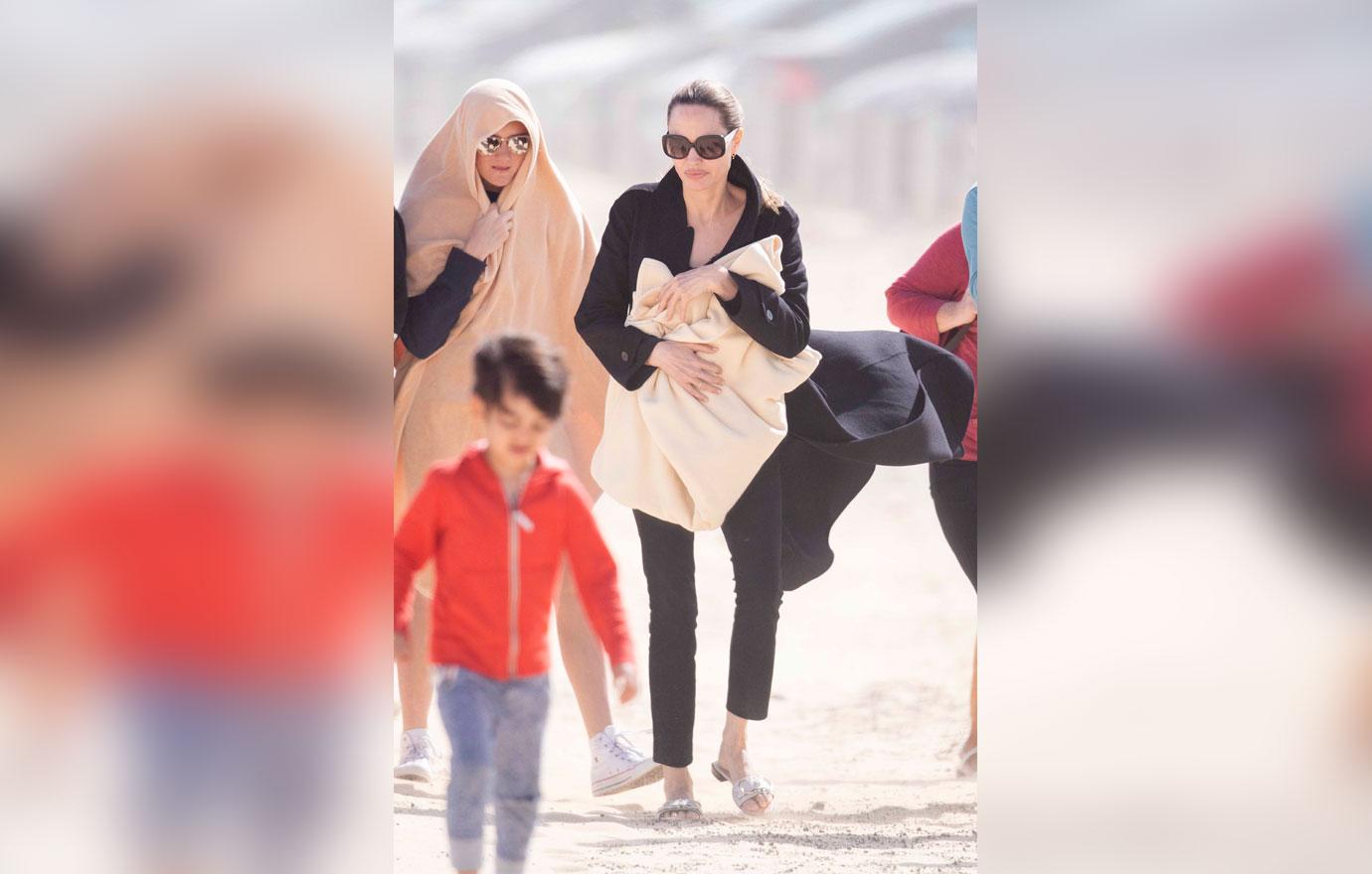 Angelina Jolie And Kids Enjoy Beach Without Maddox