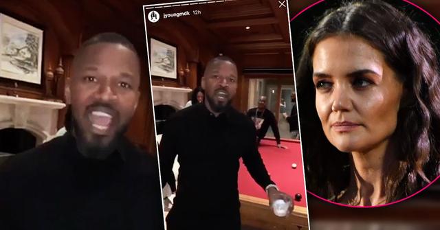 2 Images Jamie Foxx Partying At His Mansion, Inset Katie Holmes Looking Annoyed