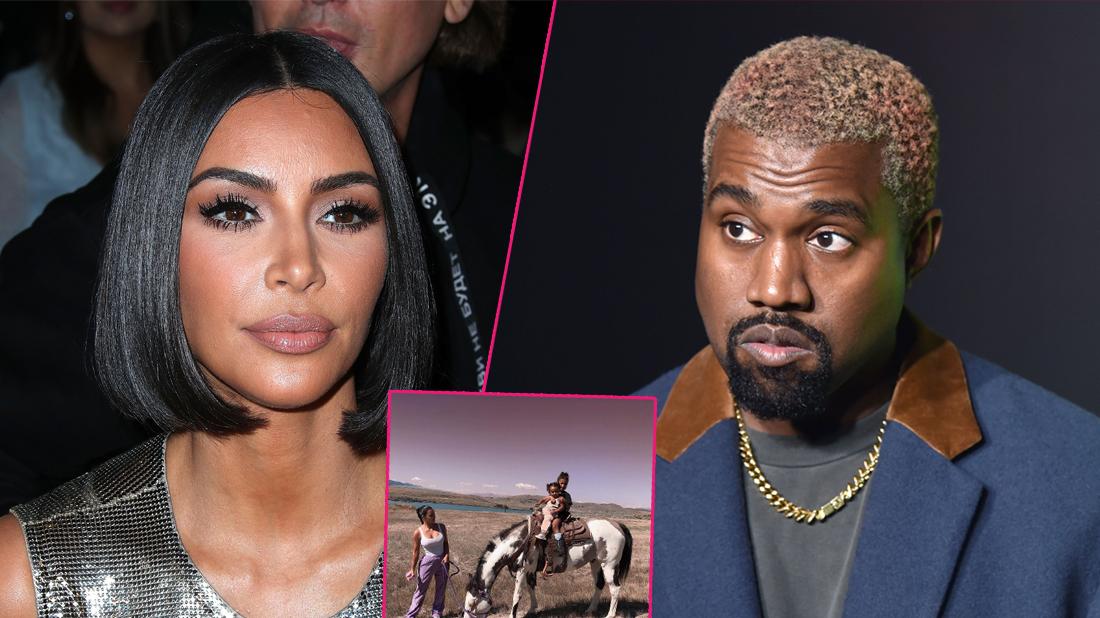 Right, Kanye West at an event. Left, Kim Kardashian at an event. Inset, Kim Kardashian with her family in a field.