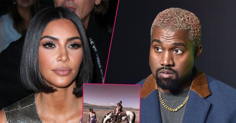 Right, Kanye West at an event. Left, Kim Kardashian at an event. Inset, Kim Kardashian with her family in a field.