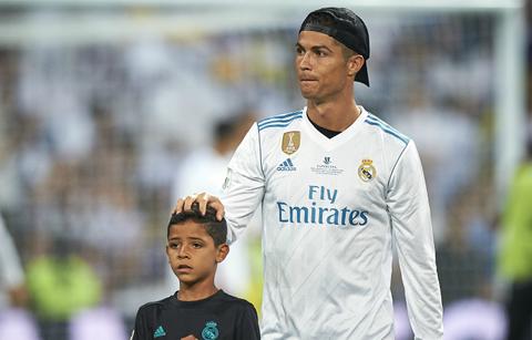 Cristiano Ronaldo of Real Madrid with his children at the Supercopa de Espana Supercopa Final 2nd Leg match between Real Madrid and FC Barcelona at Estadio Santiago Bernabeu on August 16, 2017 in Madrid, Spain. (Photo by fotopress/Getty Images)