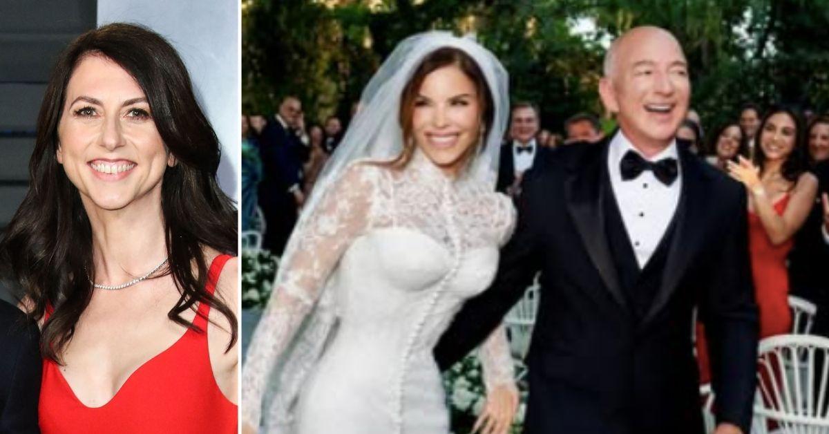 Split photo of Mackenzie Scott, Lauren Sanchez and Jeff Bezos