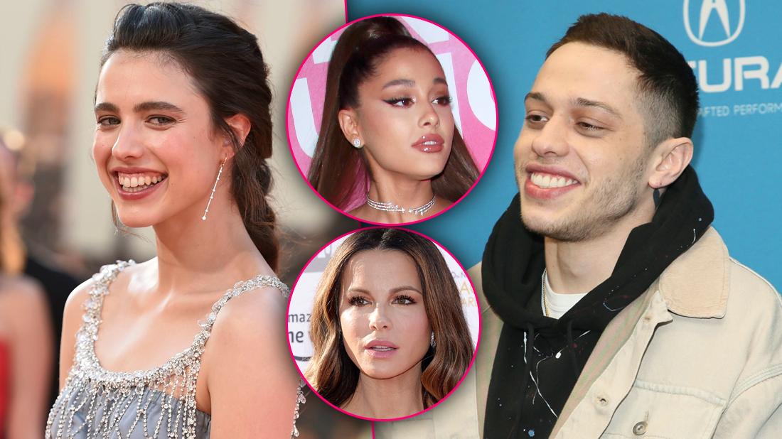 Pete Davidson Smiling with Split of Margaret Qualley Also Smiling with Insets of Upset Ariana Grande and Kate Beckinsale