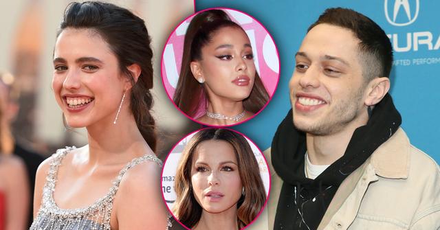 Pete Davidson Smiling with Split of Margaret Qualley Also Smiling with Insets of Upset Ariana Grande and Kate Beckinsale