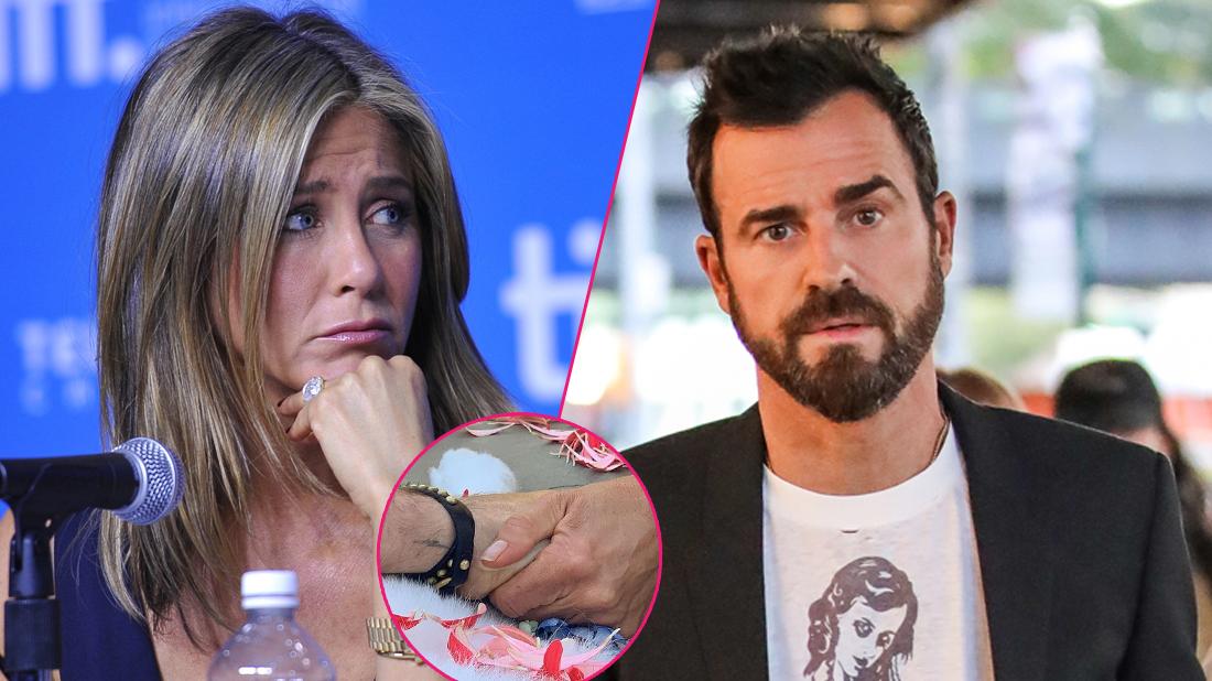 Left,Actress Jennifer Aniston speaks onstage at "Cake" Press Conference during the 2014 Toronto International Film Festival at TIFF Bell Lightbox on September 9, 2014 in Toronto, Canada; Right, Justin Theroux is seen in Meatpacking District on August 14, 2018 in New York, New York. Center, Justin theroux and Jennifer Aniston hold hands with their puppy.