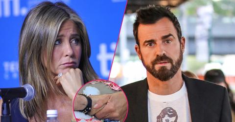 Left,Actress Jennifer Aniston speaks onstage at "Cake" Press Conference during the 2014 Toronto International Film Festival at TIFF Bell Lightbox on September 9, 2014 in Toronto, Canada; Right, Justin Theroux is seen in Meatpacking District on August 14, 2018 in New York, New York. Center, Justin theroux and Jennifer Aniston hold hands with their puppy.