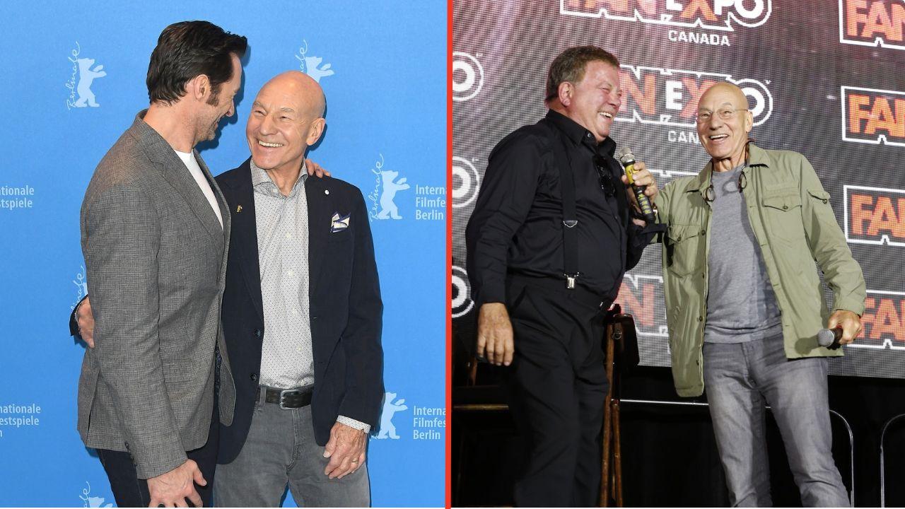 Split photos of Hugh Jackmand and William Shatner with Patrick Stewart