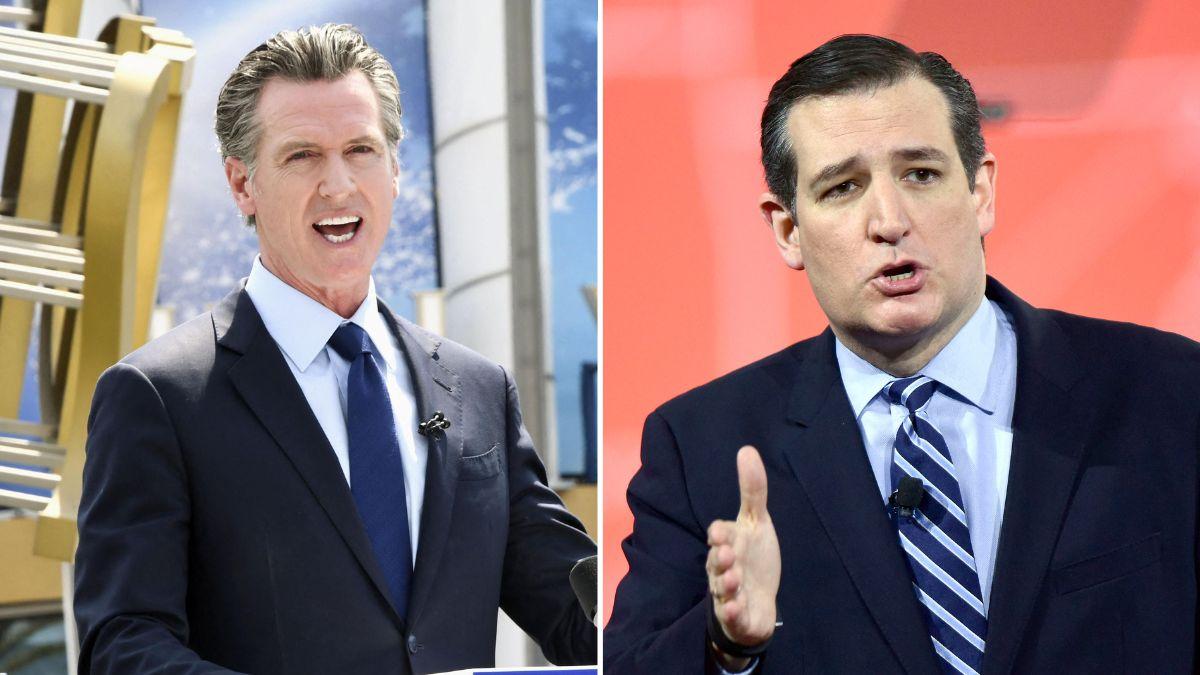 A photo of Gavin Newsom alongside a photo of Ted Cruz