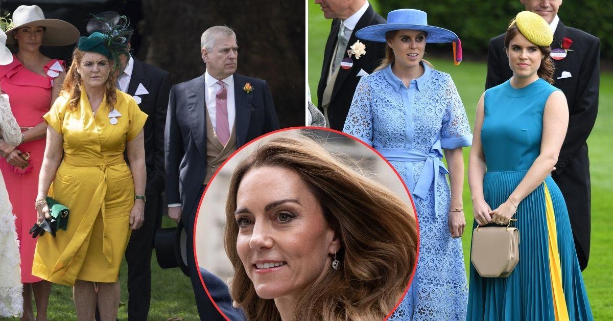 Split photos of Sarah Ferguson, Andrew Windsor, Princess Kate, Princesses Beatrice and Eugenie