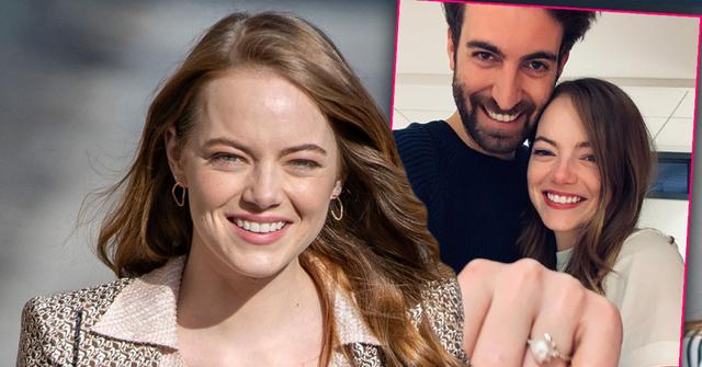 Smilinf Emma Stone, Inset Dave McCary With Emma Showing Engagement Ring.Emma Stone Engaged To ‘SNL’ Writer Boyfriend Dave McCary