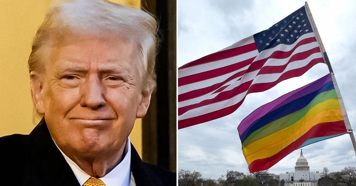 Split photo of Donald Trump, American/LGBTQ+ flag.