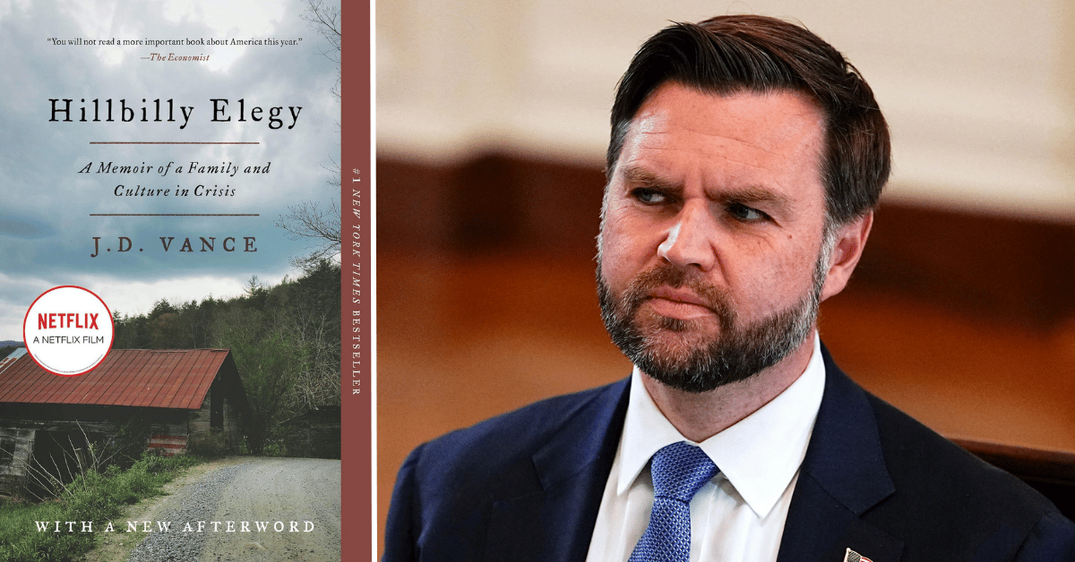 Split photo of 'Hillbilly Elegy' cover, J.D. Vance