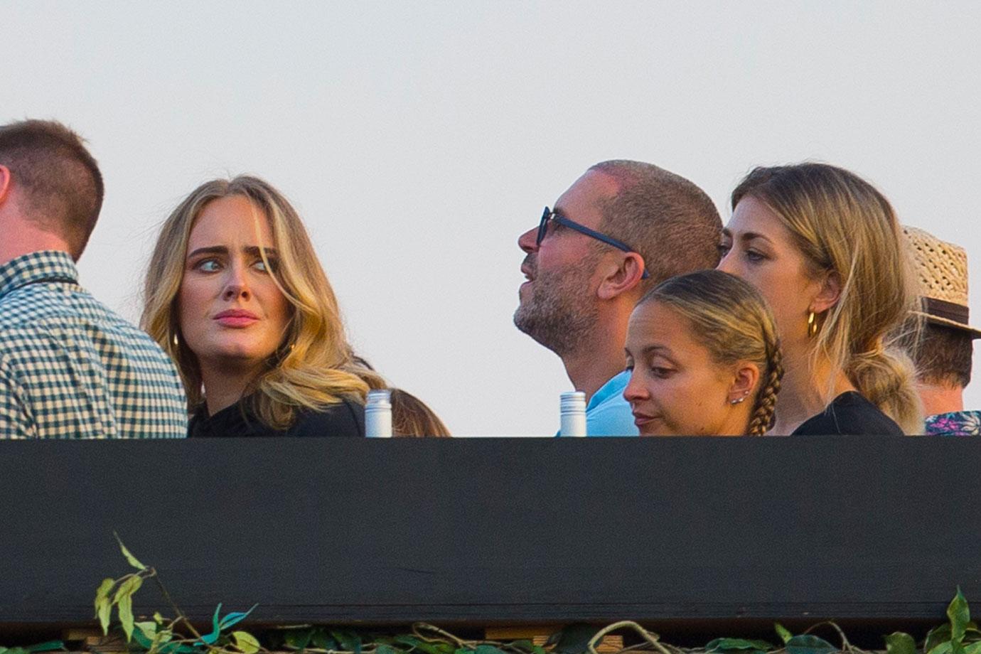 A happy and smiling Adele shows off her slimmer figure at a Celine Dion concert in Hyde Park, London