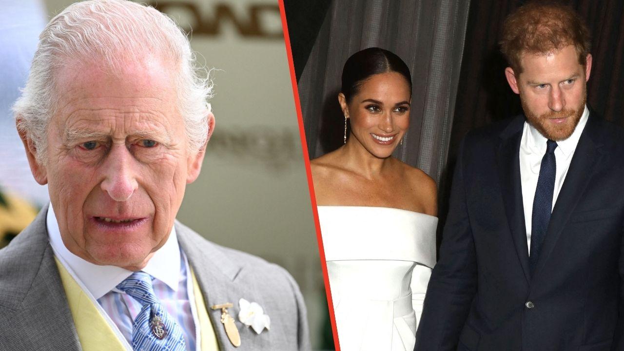 Split photos of King Charles, Prince Harry and Meghan Markle