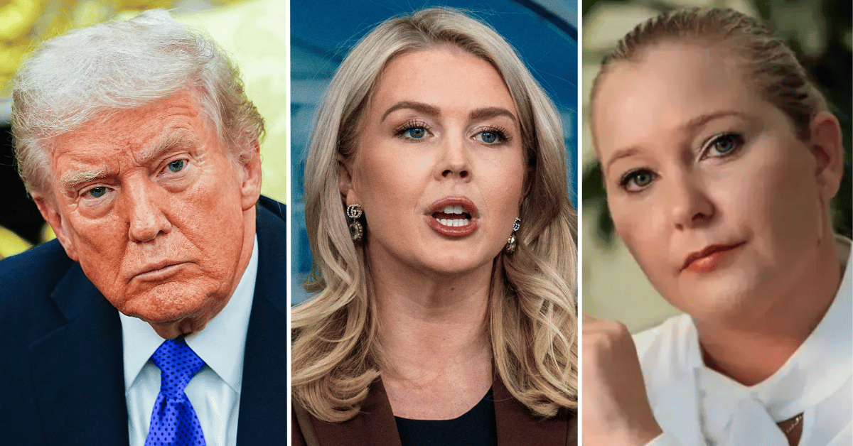 Split photo of Donald Trump, Karoline Leavitt, Virginia Giuffre