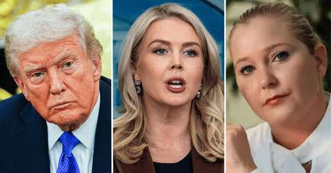 Split photo of Donald Trump, Karoline Leavitt, Virginia Giuffre
