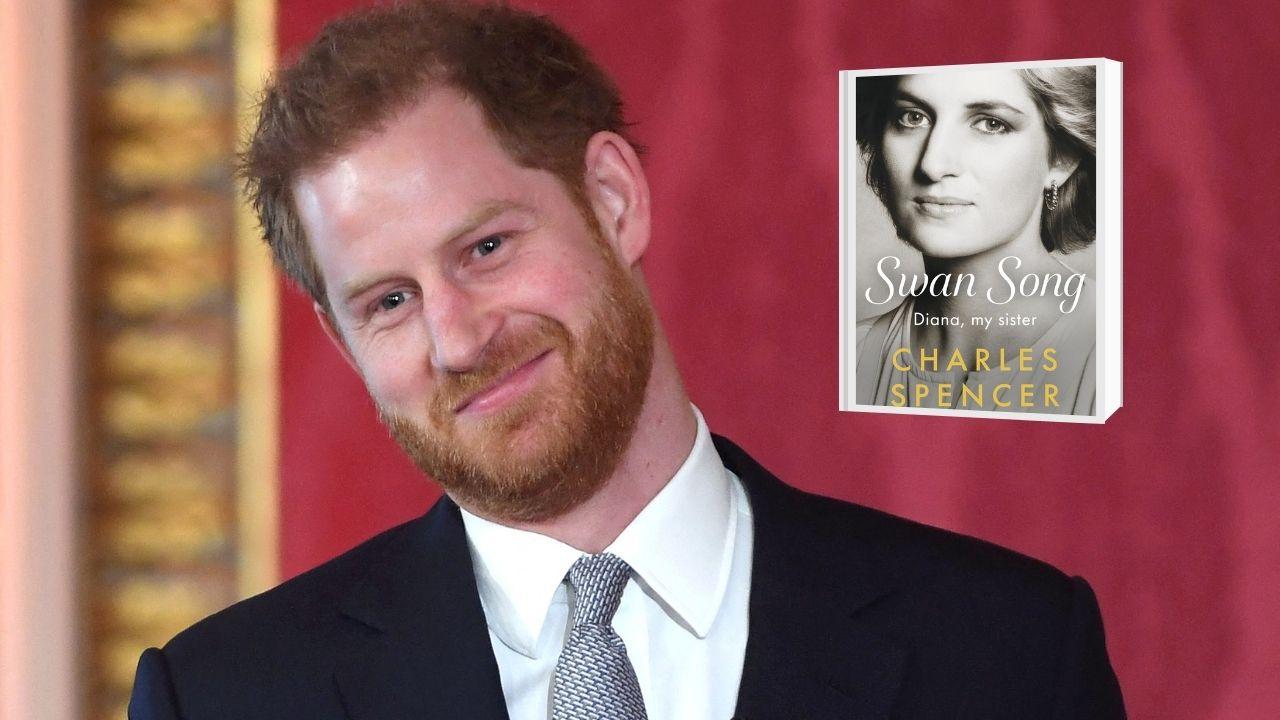 Split photo of Prince Harry and 'Swan Song: Diana, My Sister'