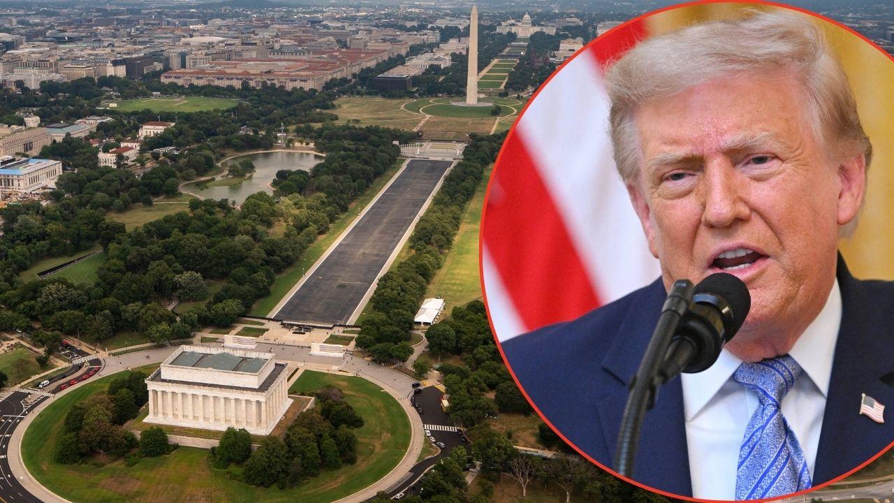 split image of Reflecting Pool and Donald Trump