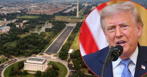 split image of Reflecting Pool and Donald Trump