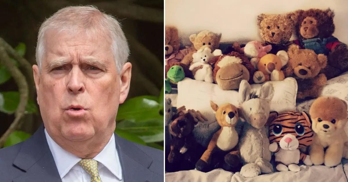 Split photos of Andrew Windsor and teddy bears