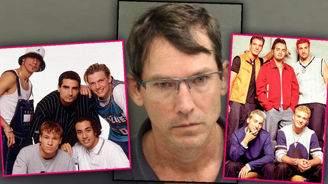 Inset of Group Shot of Boy Band Backstreet Boys with Mugshot of Charles Edwards and another Inset Group Shot of Boy Band N'Sync