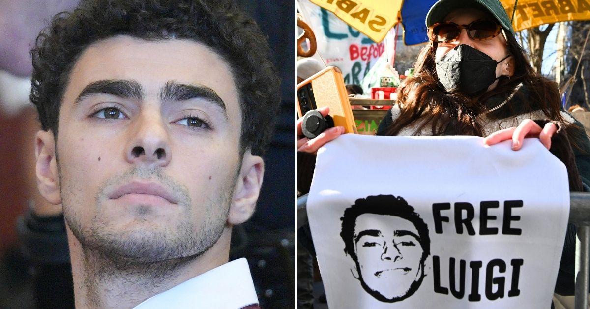 Split photo of Luigi Mangione, protest.