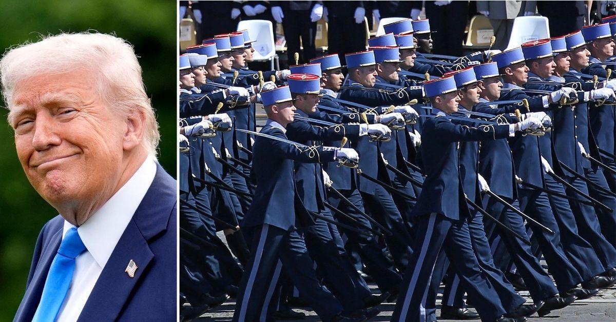 Split photo of Donald Trump, soliders