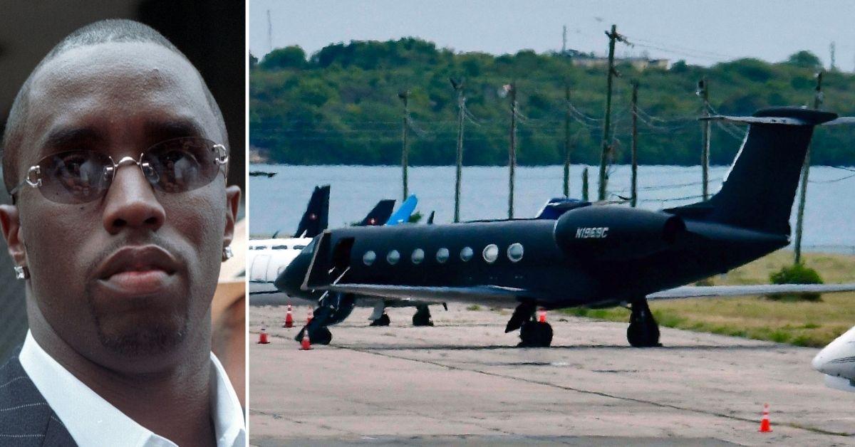 split photo of Sean Combs and private jet