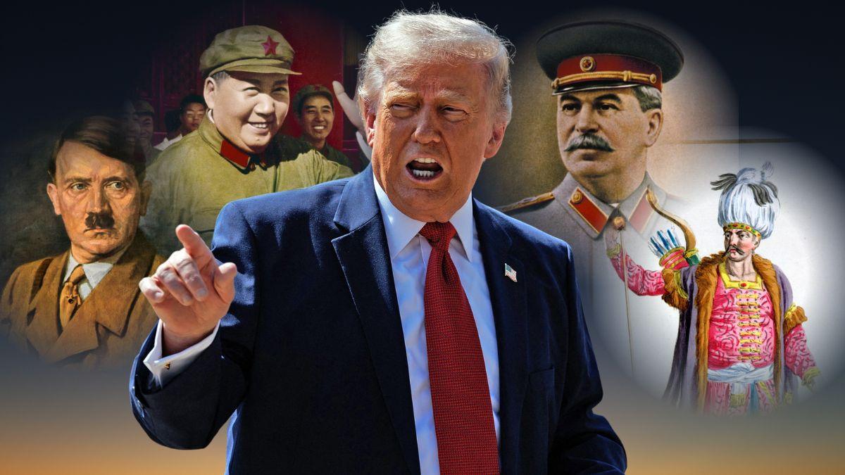 Photo of Donald Trump, Adolf Hitler, Mao Zedong, Joseph Stalin and Genghis Khan.