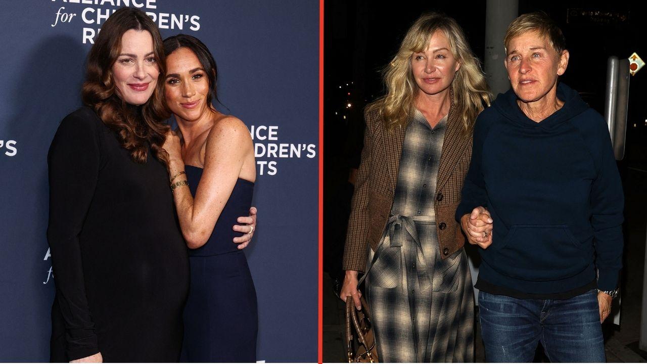 Split photos of Meghan Markle, Kelly Zajfen, Ellen DeGeneres and Portia De Rossi.