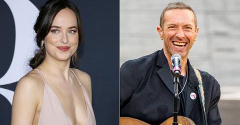 Split photo of Dakota Johnson, Chris Martin