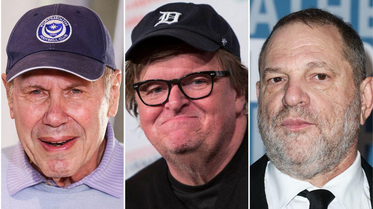 A photo of Michael Eisner alongside a photo of Michael Moore alongside a photo of Harvey Weinstein
