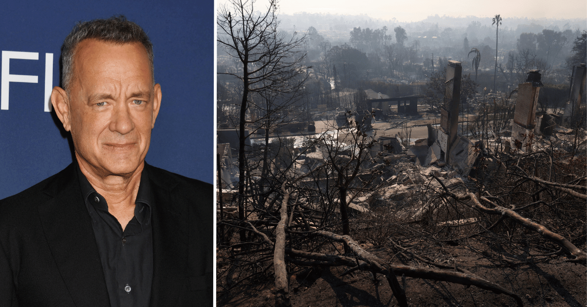 Composite photo of Tom Hanks, Pacific Palisades fire aftermath