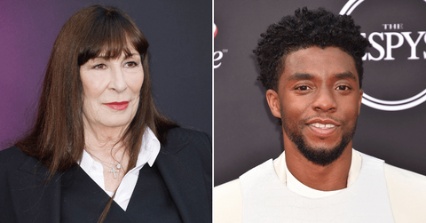 Split photo of Anjelica Huston, Chadwick Boseman