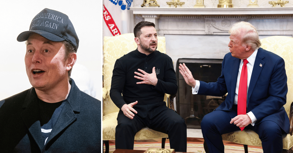 Split photo of Elon Musk, Volodymyr Zelensky, Donald Trump