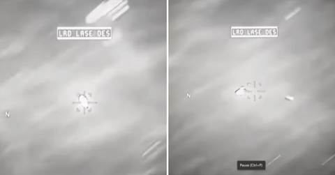 Split image of footage of a drone strike on a UFO.