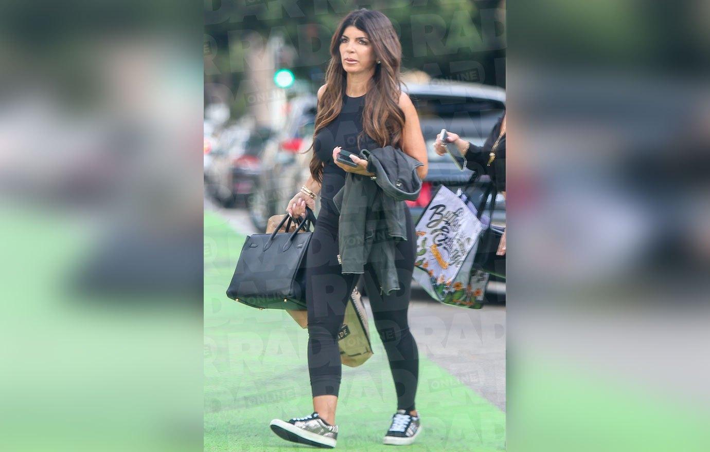 Teresa Giudice Wearing Black Top and Black Leggings Walking Around LA Without Her Wedding Ring