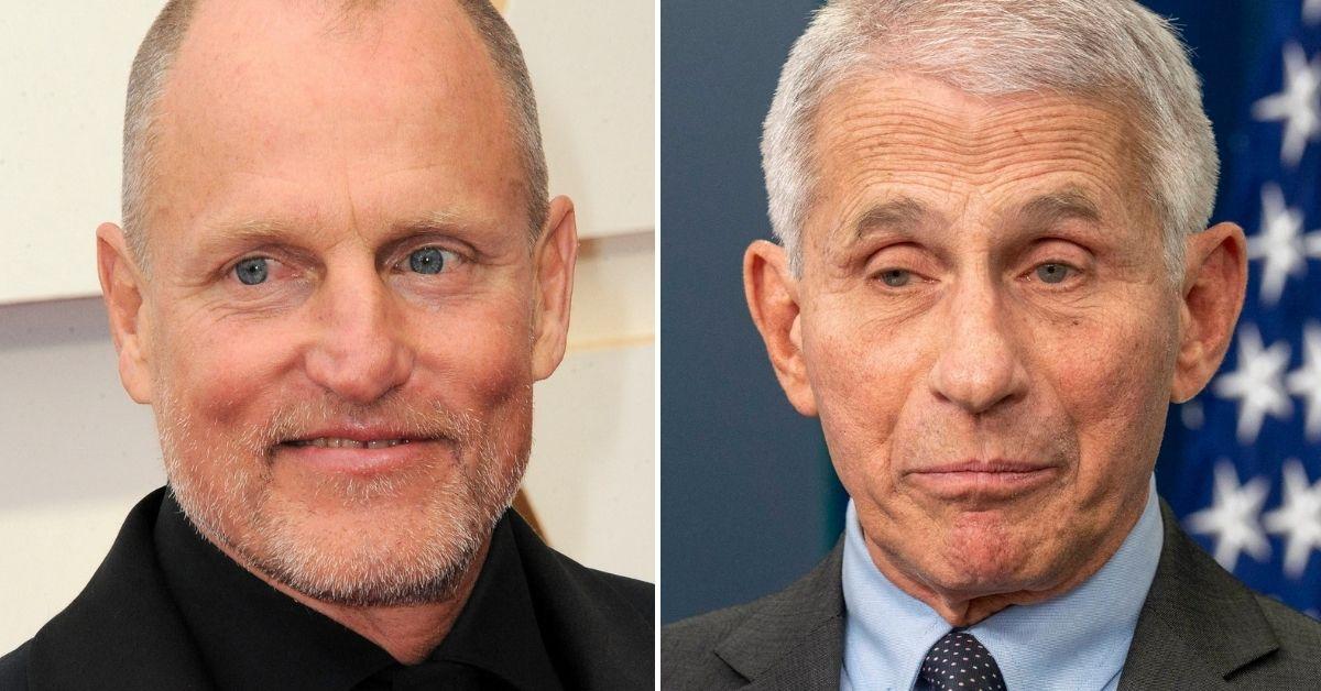 Split photo of Woody Harrelson and Dr. Anthony Fauci.