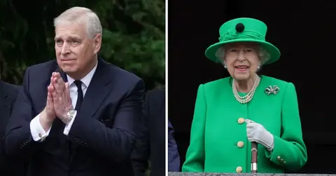 Split photos of Andrew Windsor and Queen Elizabeth