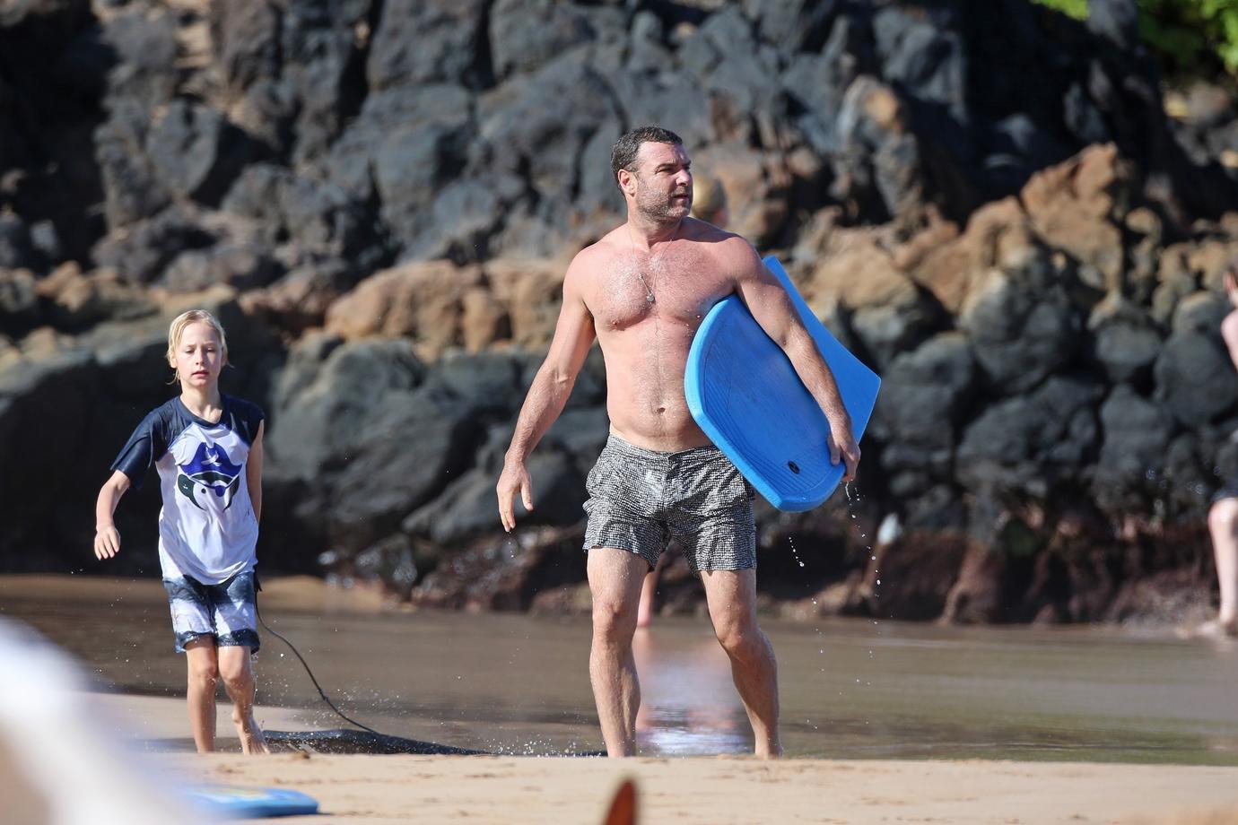 Liev Schreiber shows off his toned body on the filmset of Pawn Sacrifice  filming on Santa Monica Beach. The hunky actor was seen flexing his biceps  and running around the beach while