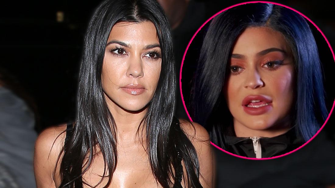 Kourtney Kardashian Wearing Bra-Top Looking Right Inset Kylie Jenner