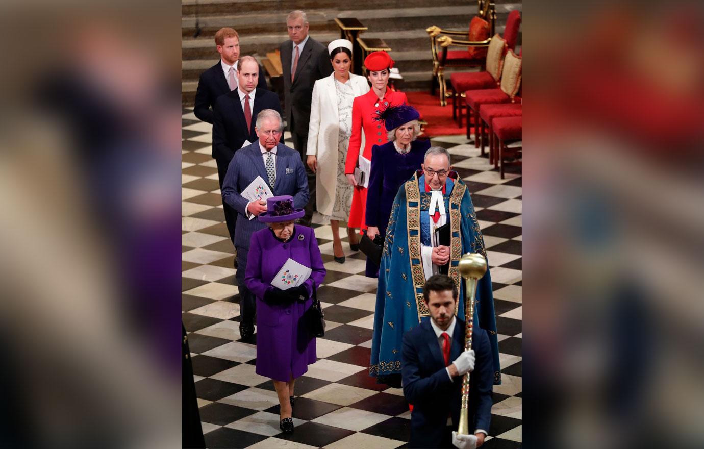 Queen Elizabeth II, Prince Charles, Camilla Duchess of Cornwall, Prince William, Catherine Duchess of Cambridge, Prince Harry and Meghan Duchess of Sussex leave after the Commonwealth Service at Westminster Abbey