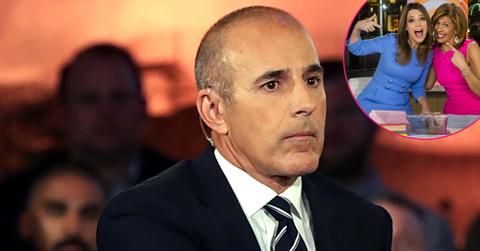 Matt Lauer wears a black suit with a black and white stripped tie. Inset, Hoda and Gurthie happy. Hoda is wearing a magenta dress while Savannah Guthrie wears a blue dress.