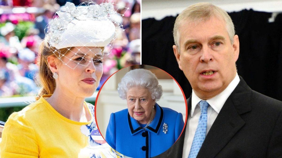 split image of Princess Beatrice, Queen Elizabeth, and Ex-Prince Andrew