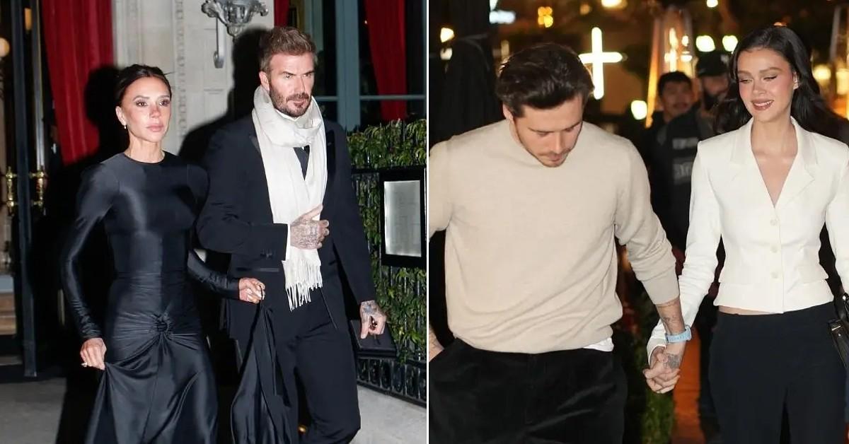 Split photos of Brooklyn Beckham, Nicola Peltz, David Beckham and Victoria Beckham