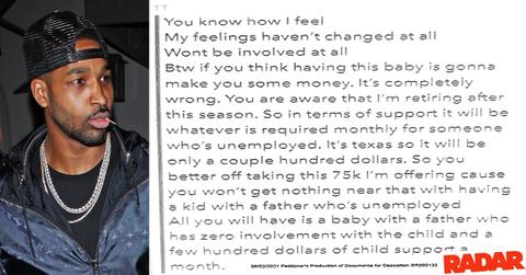 tristan thompson threat third baby mama text message hush money r