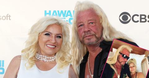 Dog The Bounty Hunter wears a black shirt with a gold necklace; Beth Chapman wears a white dress with pearls. Inset, Beth Chapman and Dog The Bounty Hunter on a hospital bed